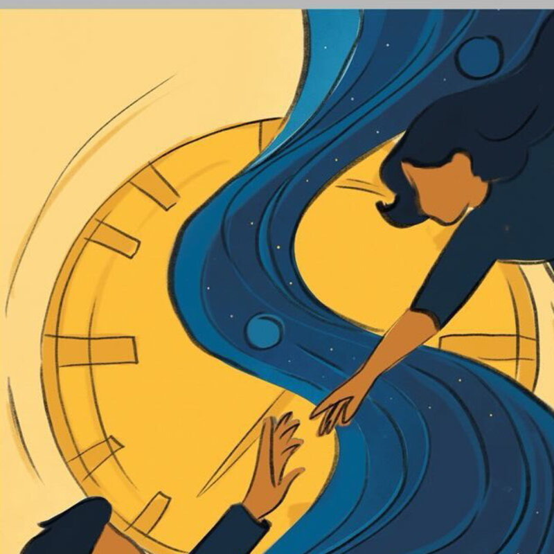 Concept art for A Hundred Years from Home — two figures reaching for each other across a river of stars and a golden clock