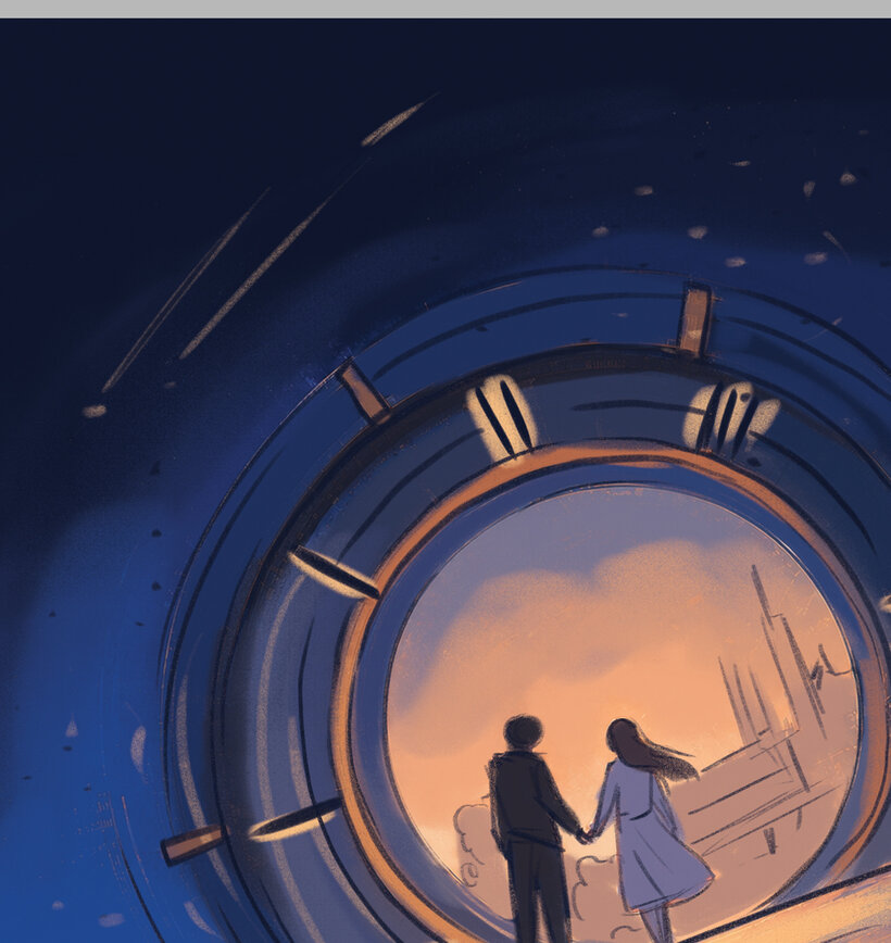 Concept art for A Hundred Years from Home — a couple standing hand in hand before a glowing time portal
