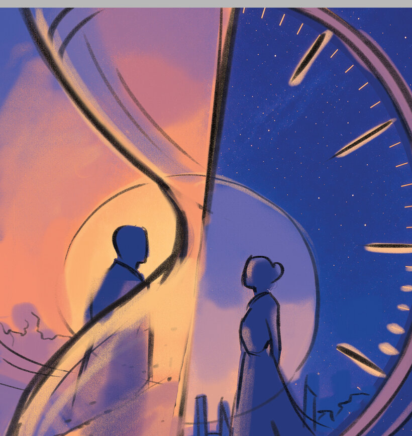Concept art for A Hundred Years from Home — two figures within an hourglass at the turn between sunrise and a starlit sky